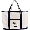 inOne 25" Extra Large Canvas Tote Bag Heavy Duty Roomy Zipper Grocery Shopping Carry Beach Boat Bag Handbag with Embroidered Anchor - Beige