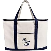 inOne 25" Extra Large Canvas Tote Bag Heavy Duty Roomy Zipper Grocery Shopping Carry Beach Boat Bag Handbag with Embroidered Anchor - Beige