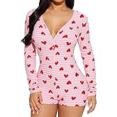 SUEER Women's Sexy Pajamas Jumpsuit Heart Print V Neck Long Sleeve Bodycon Shorts Cute Onesie Sleepwear