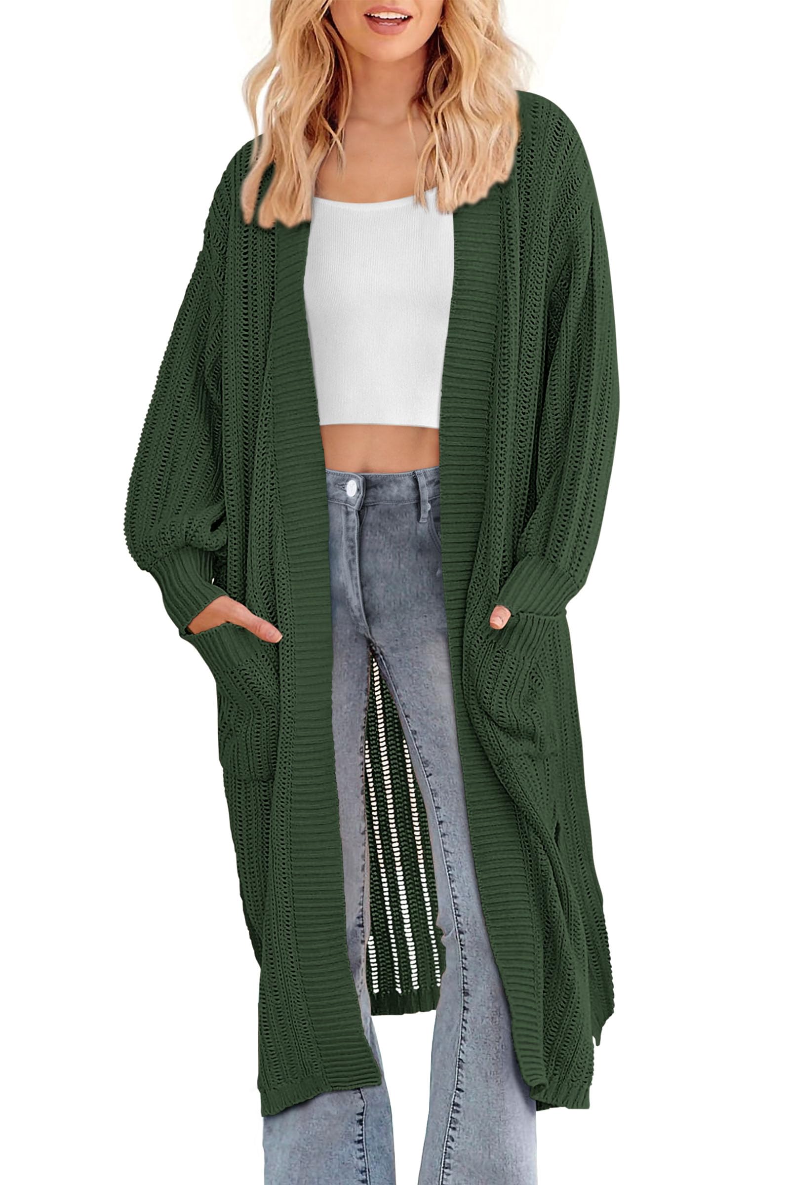 PRETTYGARDEN Women's Long Cardigan Sweaters Casual Lantern Sleeve Open