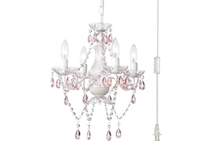 ALIGHTING Pink Plug in Chandelier White Chandelier with Pink Crystal Accents Plug in Swag Chandelier 4 Light Crystal Chandelier