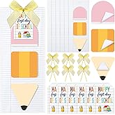 Tenceur 6 Sets of Pencil Sticky Notes 540 Sheets with First Day of School Gifts Card and Gold Bow, 3x3 Back to School Self Stick Note Pad Pencil Memo Pad for Reward Student Teacher Stationery Supply