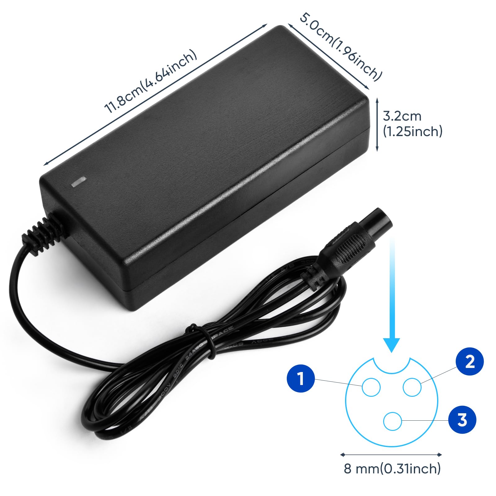 42V 2A Battery Charger 3 Prong Inline Connector Universal Power Supply for 36V Lithium Battery, 36V Pocket Mod, 36Volts Sports Mod Power Supply