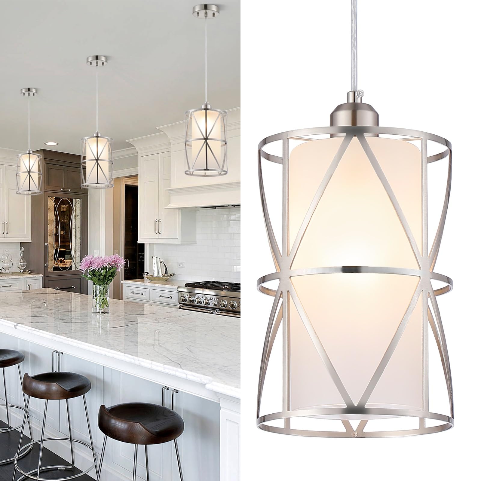Photo 1 of Zlierop Pendant Lights Kitchen Island with Frosted Glass, Brushed Nickel Hanging Kitchen Lights, Cylindrical Modern Pendant Light, Kitchen Pendant Lighting Over Island, Foyer, Dining Room, Entryway