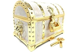 TRUEWON Vintage Metal Jewelry Chest Treasure Trinket Box, Gem Storage Tray Ring Earrings Necklace Keepsake Gift Holder Case Bag for Girls Ladies Women (Large Golden White Empty)