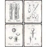 Golf Balls, Clubs, Tees, Bags Patent Print Wall Art - Rustic Room Decor for Office, Man Cave, Den, Living Room - Gift for Men, Teens, Guys, Golfing Sports Fan, Golfer - Sign Print Photo Plaque Set