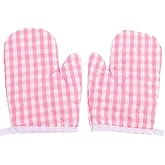 2Pcs Kids Oven Mitts Children Heat Resistant Kitchen Mitts Checkered Kitchen Oven Gloves Kids Mittens for Safe Cooking Baking Microwave Child Play BBQ Grilling