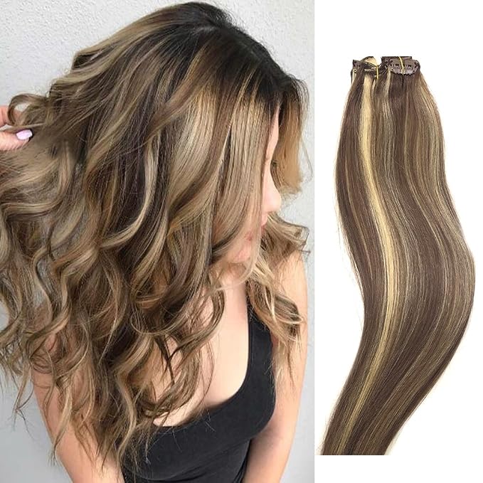Amazon Com Human Hair Extensions Clip In Light Brown To Blonde Highlights 16 Inch Real Human Hair Balayage Ombre 7 Pcs Full Head Silky Straight Long Clip On Hair Extensions 70g Remy