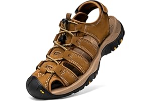 Boveshorn Men's Sport Sandals Closed Toe Leather Hiking Athletic Walking Outdoor Beach Trail River Fishing Water Shoes Lightweight Comfortable Waterproof