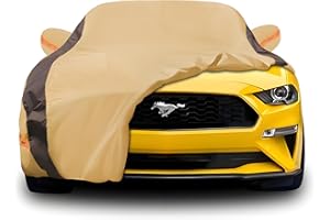 FSGRICH Mustang Car Cover Waterproof All Weather Compatible with Mustang 2007-2024 GT Cobra Shelby Bullitt, Outdoor Anti-UV Sun Rain Protection Full Exterior Cover (Camel with Brown)