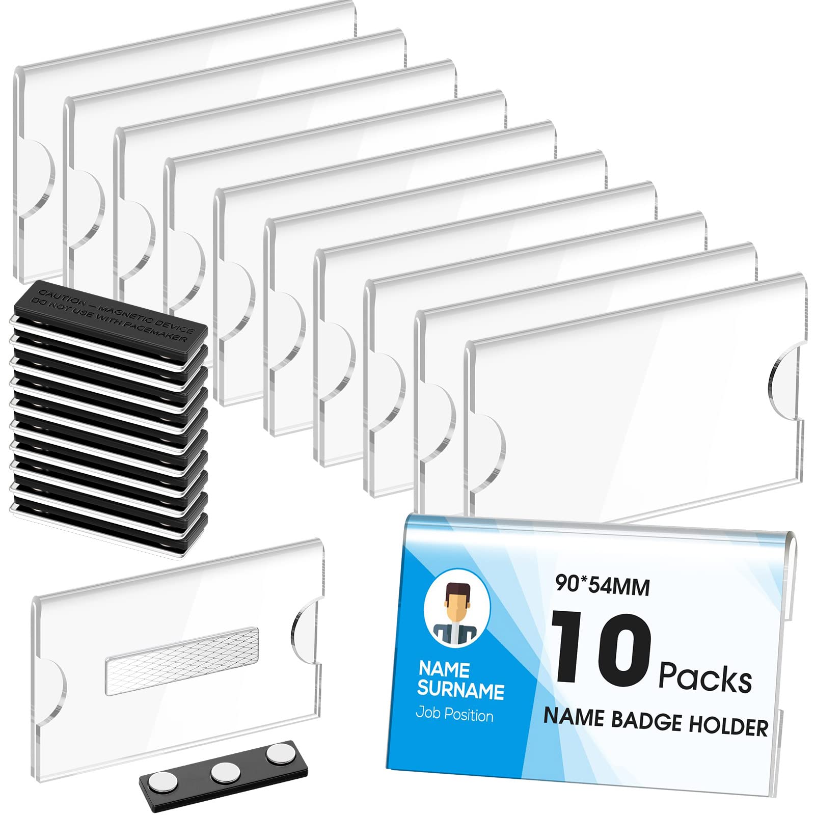Faccito 10 Pcs Magnetic Name Badges 90 x 54 mm Horizontal ID Card Holder DIY Magnetic Name Tags Clear Acrylic Sign Display Holder Printable Label for School Colleges Corporate Event Jacket