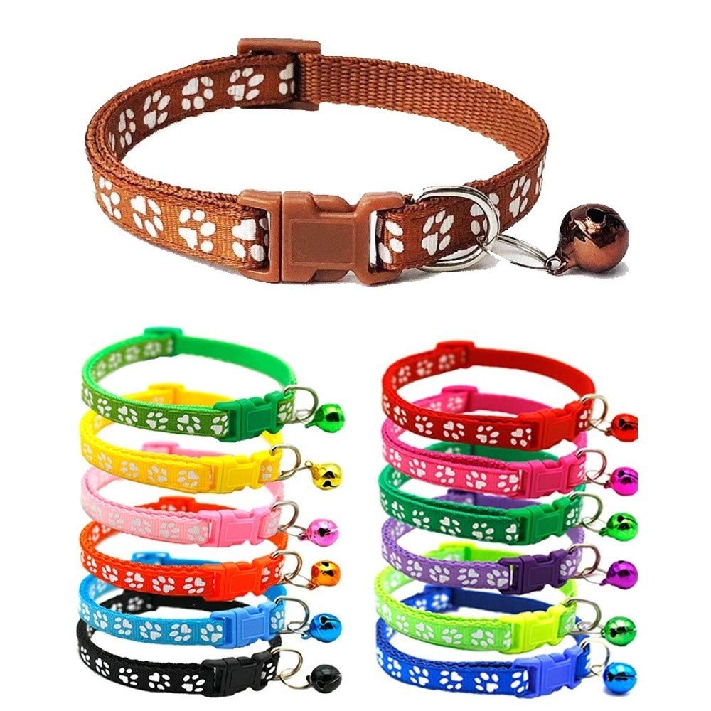 Small Dog Puppy Pet Collar Pawprint Design with Bell Nylon Adjustable Size 19-32cm Brown — image 1