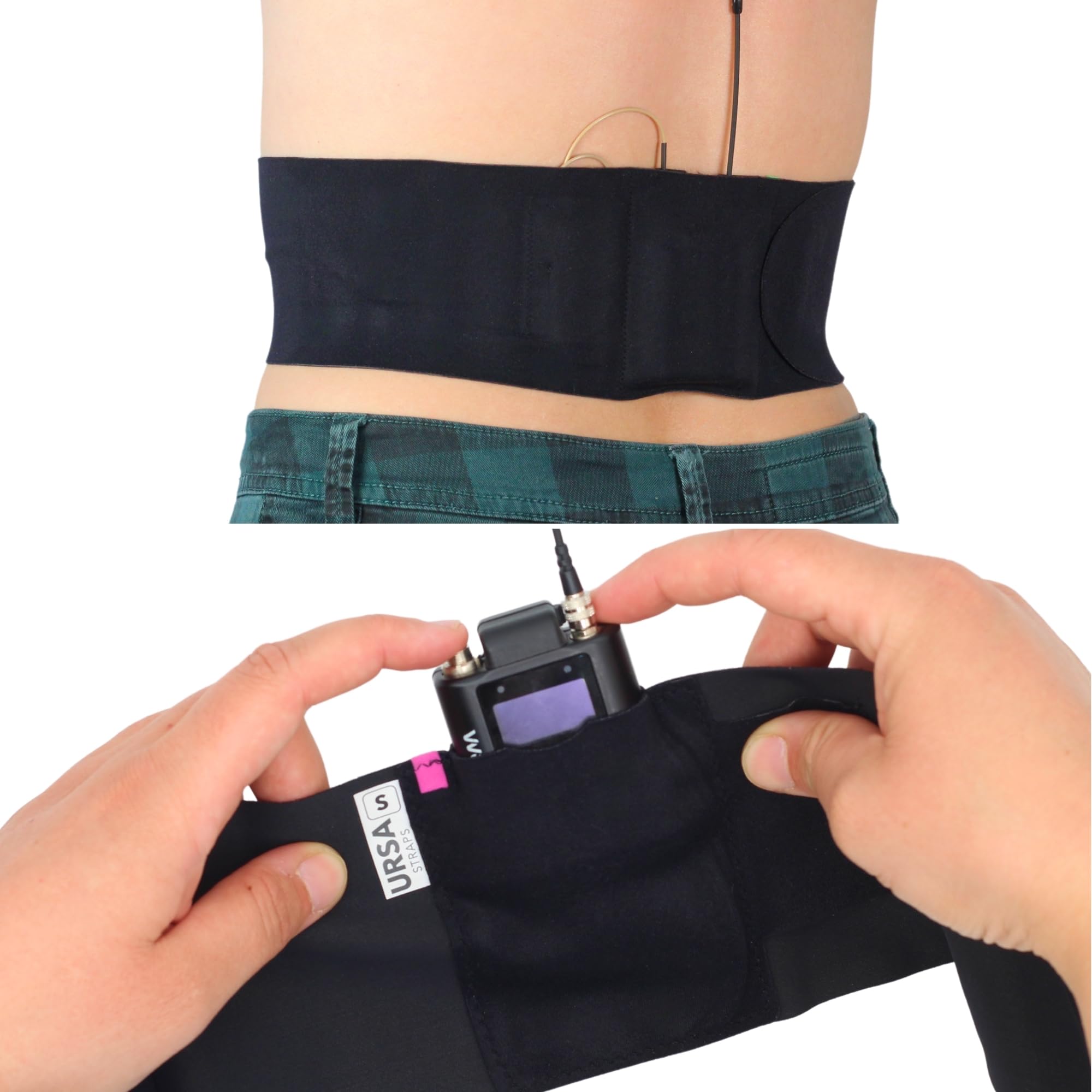 URSA Waist Strap - Ultra Slim, Breathable & Stretchy Microphone Transmitter Straps. Compatible with Most Transmitter/Receivers (Black, Medium Waist - Big Pouch)