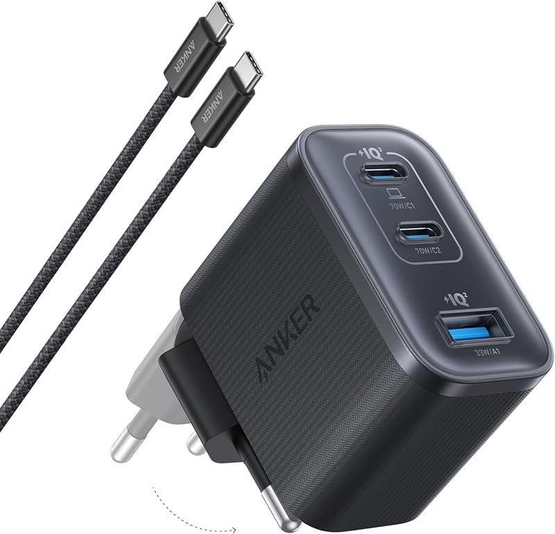 Nano Chargeur USB C 70W 3 Ports (Câble Inclus), Sortie Ultrafast