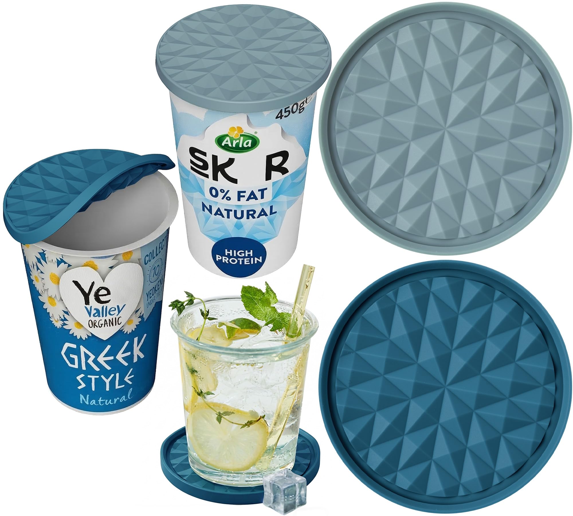 Wingcases - Yoghurt Pot Lids ONLY Fit 9.5cm Diameter Pots(2 pcs, Dark blue & Light blue) Reusable Silicone Large Tops, Reversible to Coaster, for 9.5cm Yogurt, Cream Pots