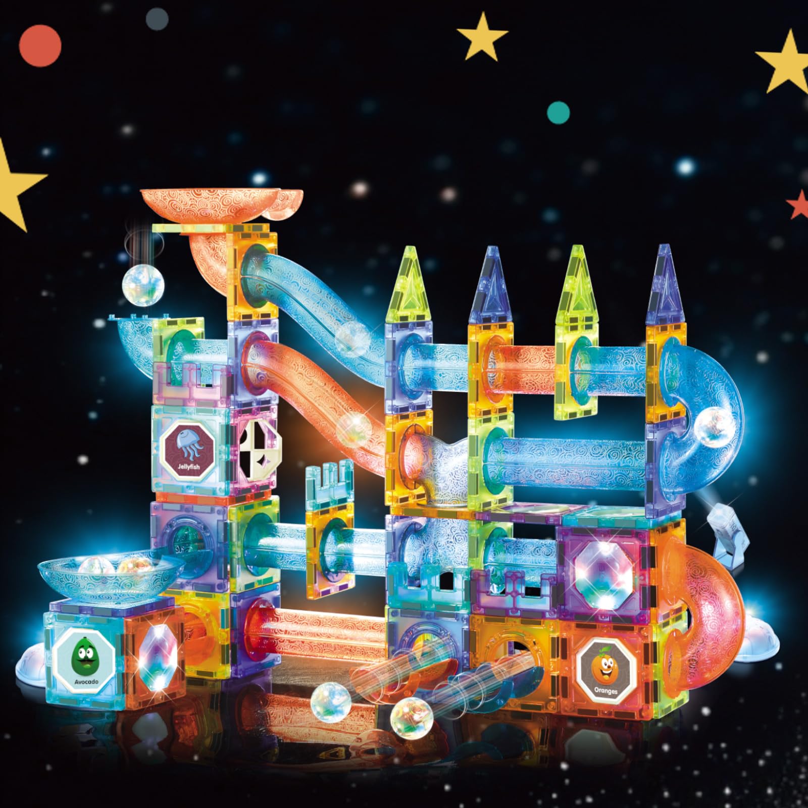 Photo 1 of Magnetic Tiles Building Blocks Toys for Kids,144 PCS Magnet STEM Construction Set with LED Lights & Marble Run | Educational Learning Creative Gifts for Kids Ages 5-12 Boys and Girls
