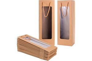 Dasofine Wine Gift Bag with Window, 20 Pack 4.13"x3.35"x 14.2" Tall Paper Wine Bags for Wine Bottle, Brown Gift Bag for New Year Birthday Housewarming Dinner Party