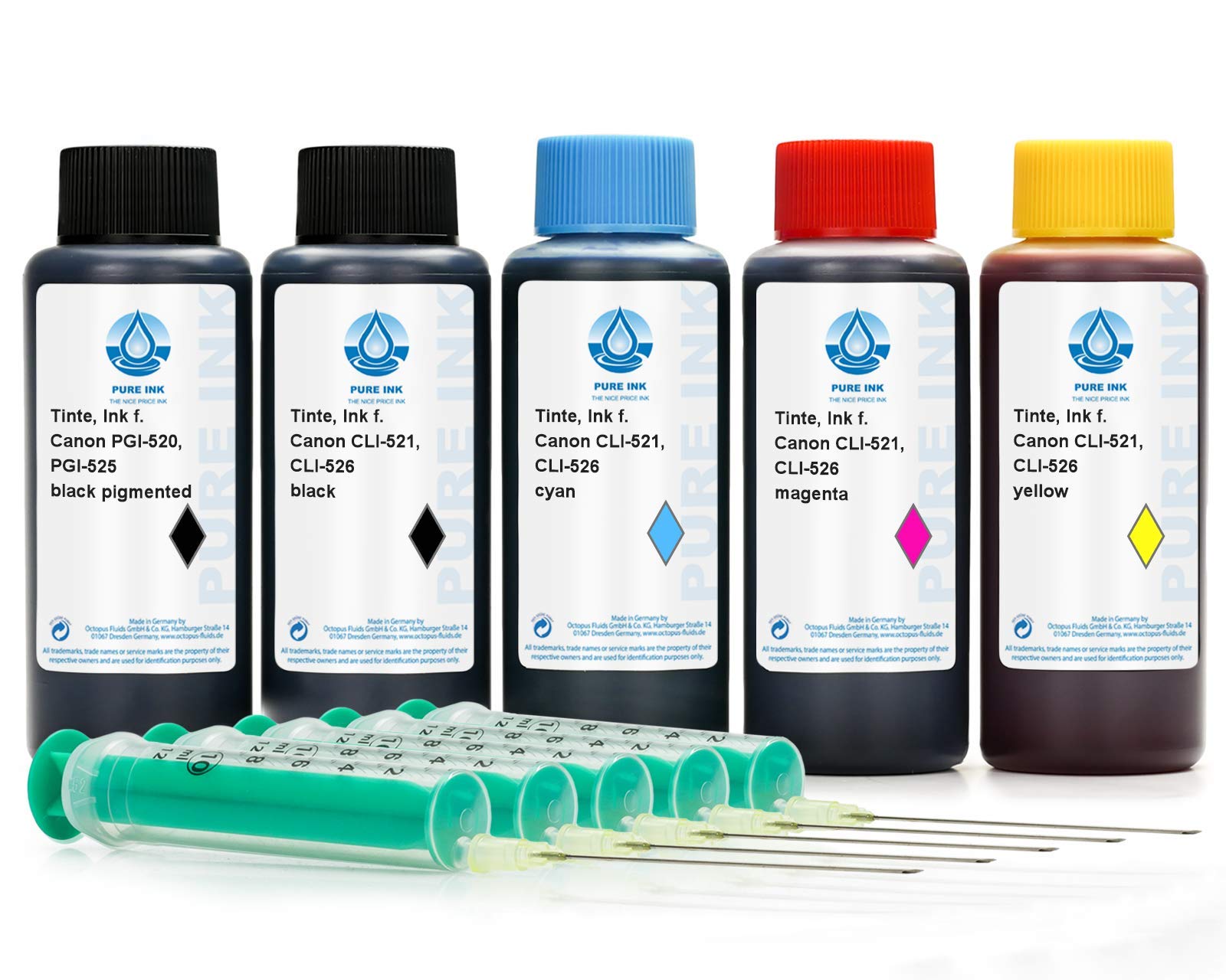 5x100 ml PureInk Refill Ink, Printer Ink compatible for Canon PGI-520, PGI-525, CLI-521, CLI-526 Printer Cartridges, Pixma IP 3600, IP 4600, IP 4700, IP 4850, IP 4950, IX 6550, MG 5140 (non OEM)