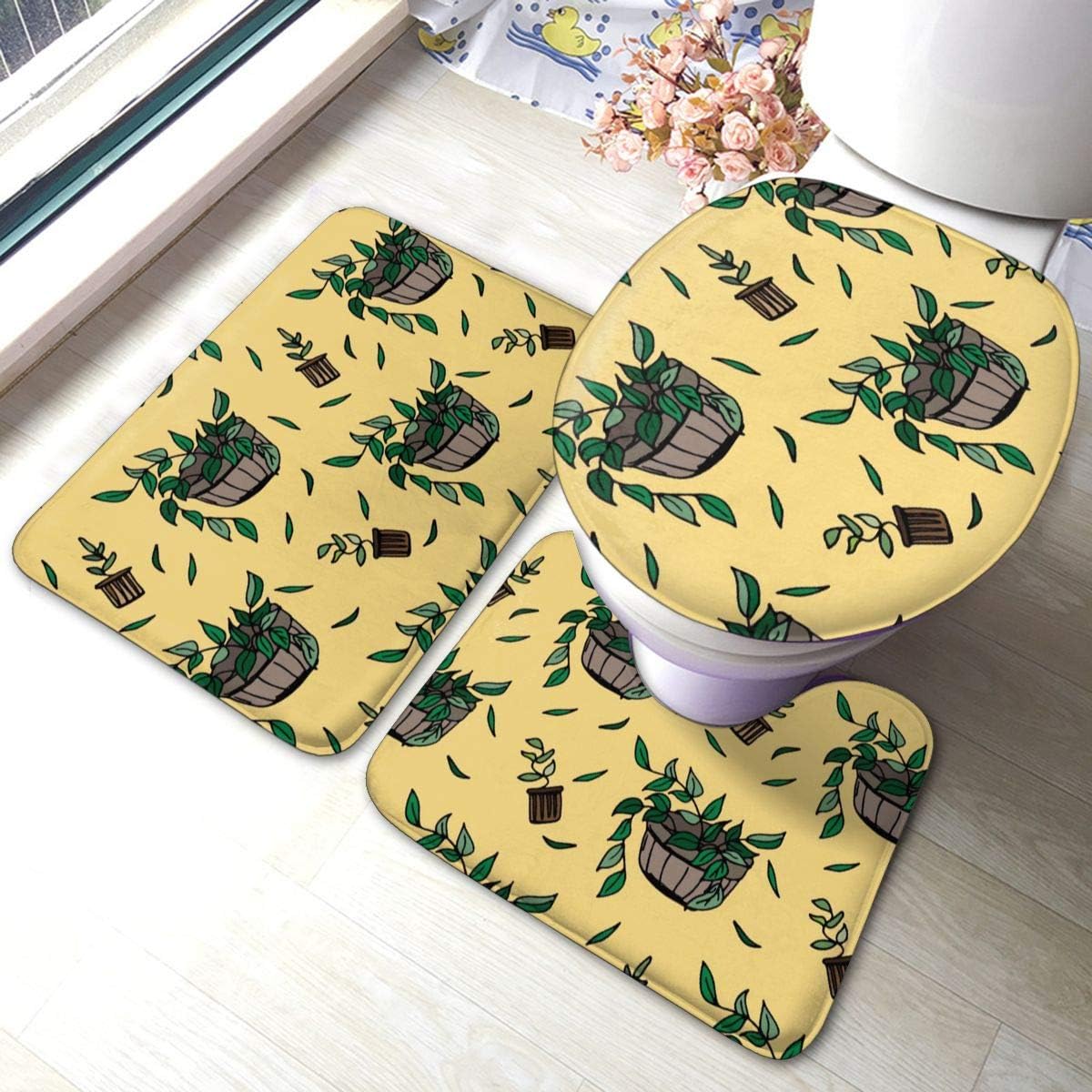 Bath Mat Sets 3pc Cute Pot Plants Yellow Non Slip Bathroom Rugs Mat U Shaped Contour Rug Toilet Lid Cover Mat Washable Floor Carpet Shower Tub Bathroom Accessories Decor