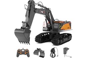 kolegend 1:14 RC Excavator 25 Channel 4 in 1 Construction Toys,Remote Control Vehicles Tractor Sandbox Toys Digger,with Metal Bucket,Drill Bit,Gripper & Wood Gripper RC Truck for Kids Adults