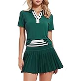 Tennis Skirt Set for Women Color Block V Neck Golf Pickleball Outfits Pleated Athletic Two Piece Skirts Sets