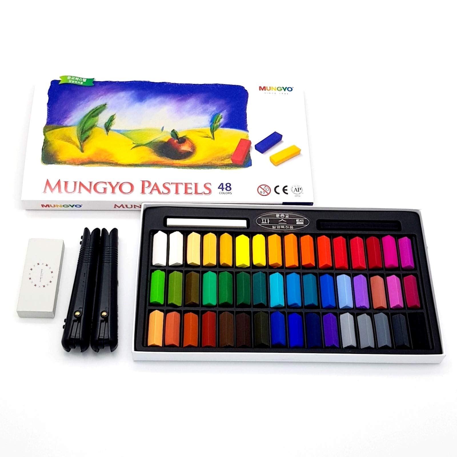 Non Toxic Mungyo Soft Pastels Set of 48 with Drawing Materials (Pastel Holder, Eraser)