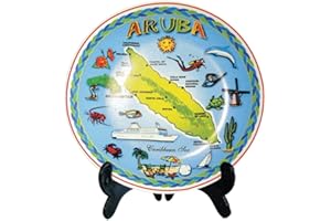 Rockin Gear Plate Aruba Island Map Souvenir Gift Plates 8" Medium Porcelain Plate with display stand, Home and Kitchen Decor Aruba Souvenir Plate