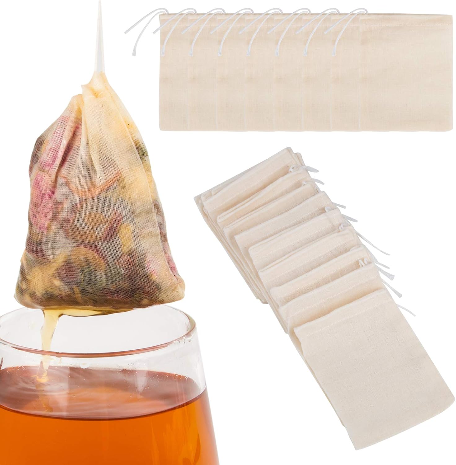 LODROC 50 Pieces Tea Filter Bags, 100 Cotton Drawstring Muslin Bags