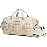 Quilted Duffel Bag for Women, Puffer Gym Duffle Bag with Shoe Compartment Lightweight Large Crossbody Sport Bag Travel Tote Beige