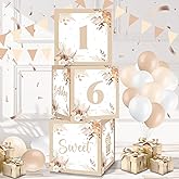 3Pcs Boho Sweet 16th Birthday Decorations Boxes for Girls Boys White and Brown Sixteen Happy Birthday Party Balloons Boxes Supplies 16th Theme Birthday Cardboard Box Gift (boho)