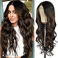 SAPPHIREWIGS Brown Wavy Wig 13×4 Synthetic Lace Front Wig Loose Body Wave Heat Resistant Fiber Hair Glueless Highlight Brown Hair for Women Party Daily Used 26 Inches