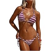 GORGLITTER Women's Beaded String Bikini Sets Two Piece Striped High Cut Thong Cheeky Swimsuits Resort Wear