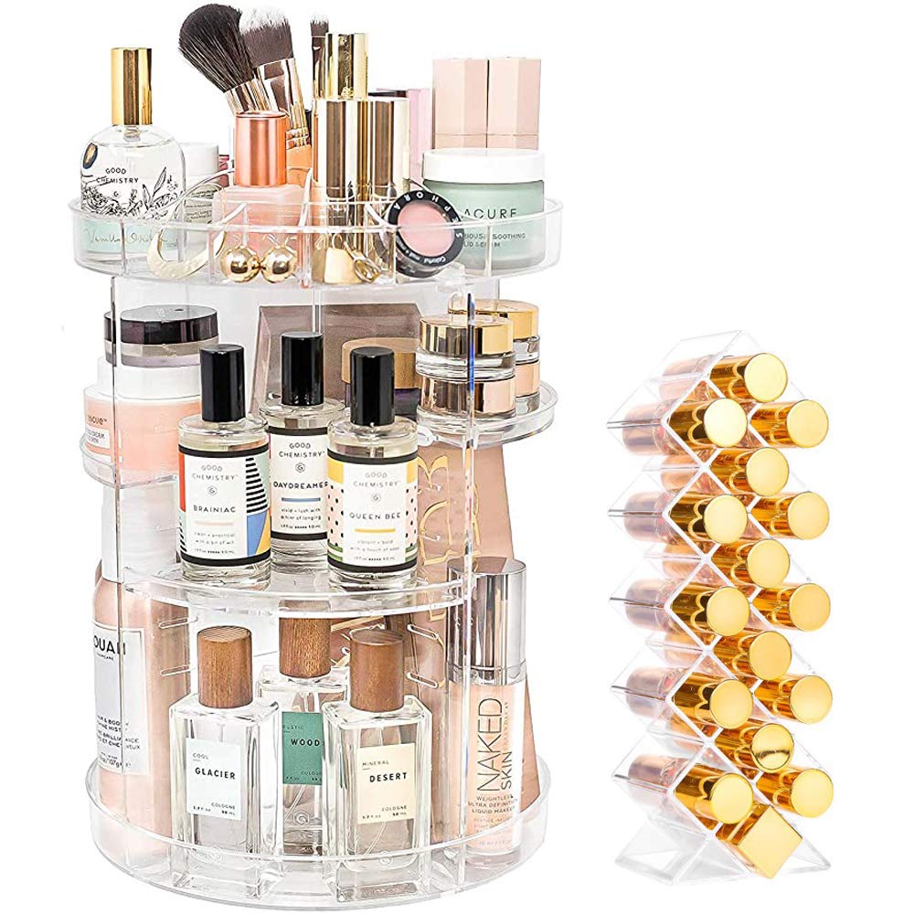 YIEZI Makeup Organiser 360 Degree Rotating Cosmetic Display Stand with 1-Pack Fish Shape Lipstick Organiser Tower, Multi-function Adjustable Spinning Holder, Storage Cosmetic Skincare Perfume Lipstick