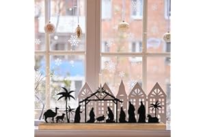 WVIOUOPU Nativity Sets for Christmas Indoor Decor - Black Metal Vintage Rustic Modern Nativity Set with Wood Base for Shelf Table Home Wall Ornament Window Craftwork Yard Display Christmas Decorations