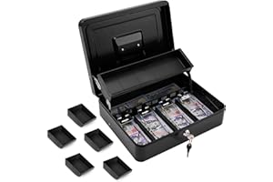 ZYNKORA Large Cash Box with Key Lock,Money Box with Cash Tray, Locking Cash Boxes,Durable Lock Safe Box with Key,Money Saving Organizer, 4 Bill 5 Coin Slots,Cantilever Design, XL Large, Black