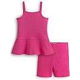 MONICA + ANDY Ribbed Peplum Tank + Short Set, 100% Organic Clothes for Girls, Matching Set, Kids, Toddler & Infant Sizes