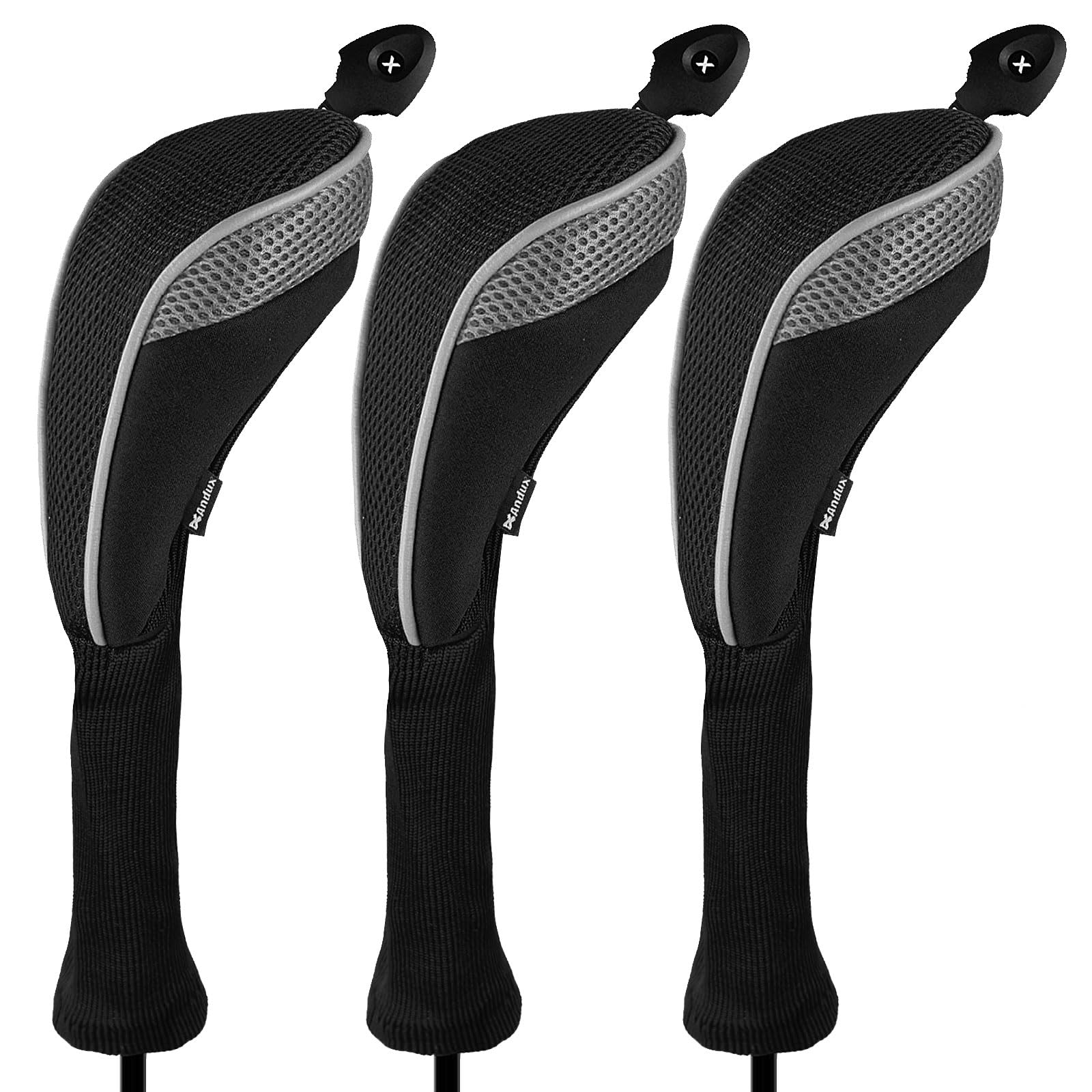 Andux Long Neck Golf Hybrid Club Head Covers with Dial No. Tag CTMT-01 (Black/Grey,3pcs) — image 1