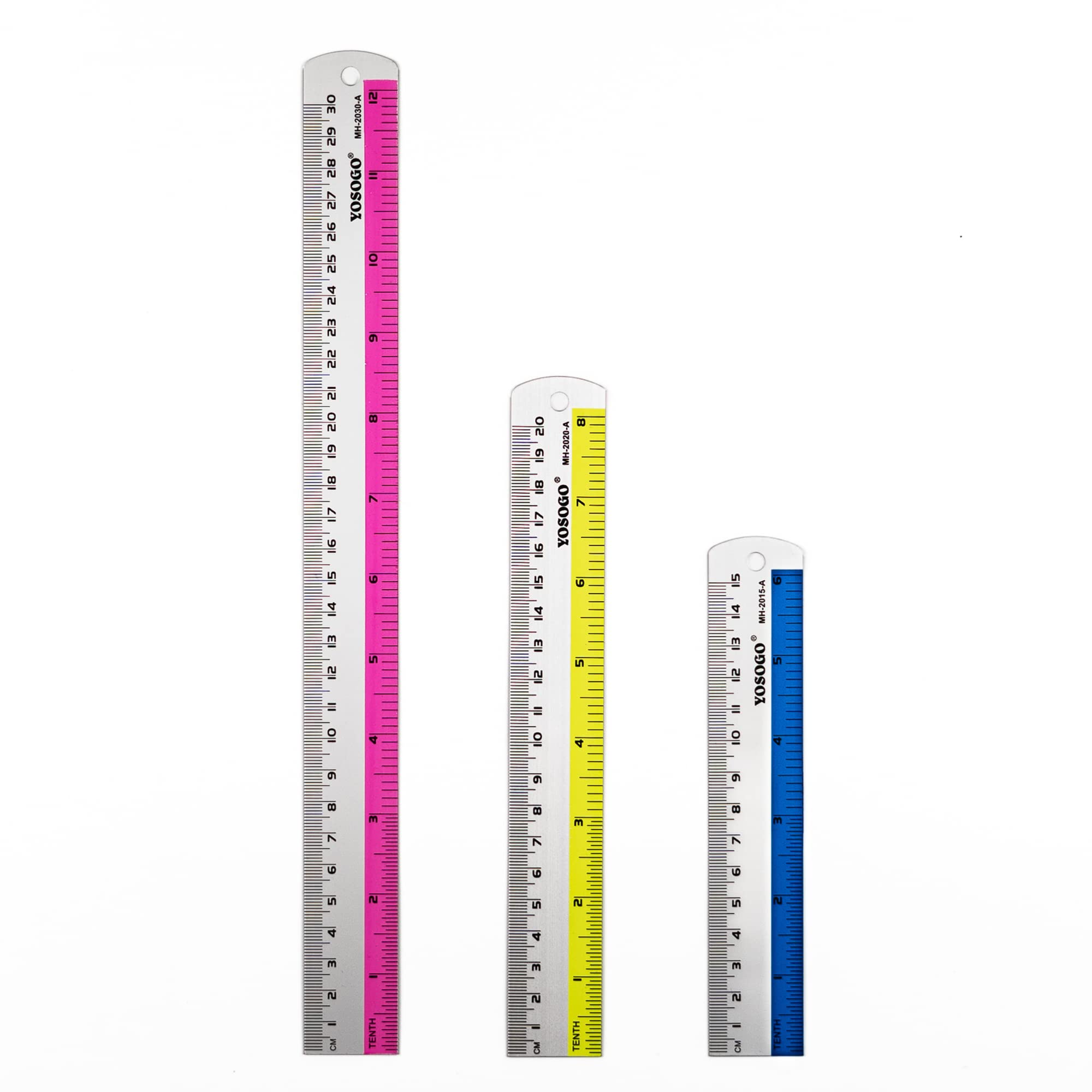 Yosogo Set of 3 Aluminum Rulers of 6”, 8”, 12” in Inch and cm Scale W/Hanging Hole (Random Color)