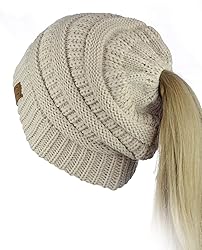 C.C BeanieTail Soft Stretch Cable Knit Messy High