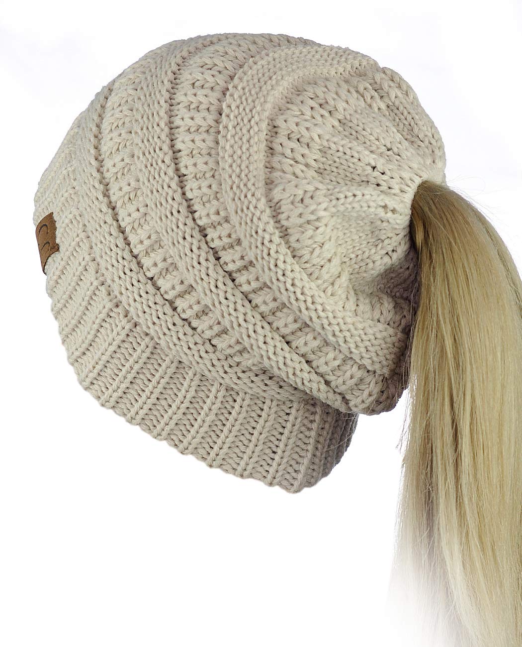 C.C BeanieTail Soft Stretch Cable Knit Messy High