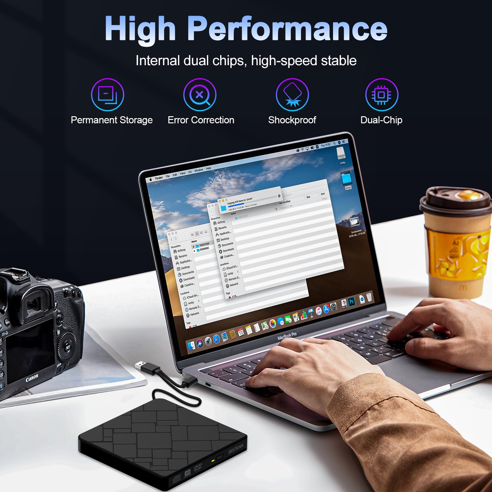 External CD DVD Drive for Laptop USB 3.0 & Type-C Portable CD DVD Player for CD ROM +/-RW Burner Reader Writer Optical Disc Drive for Laptop Desktop PC Windows 11/10 Linux Mac OS Apple MacBook Pro