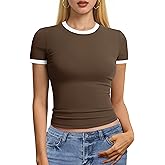 YUCOLEN Women's Short Sleeve Shirts Crew Neck Color Block T Shirt 2025 Summer Crop Tops Slim Fit Basic Tee Tops