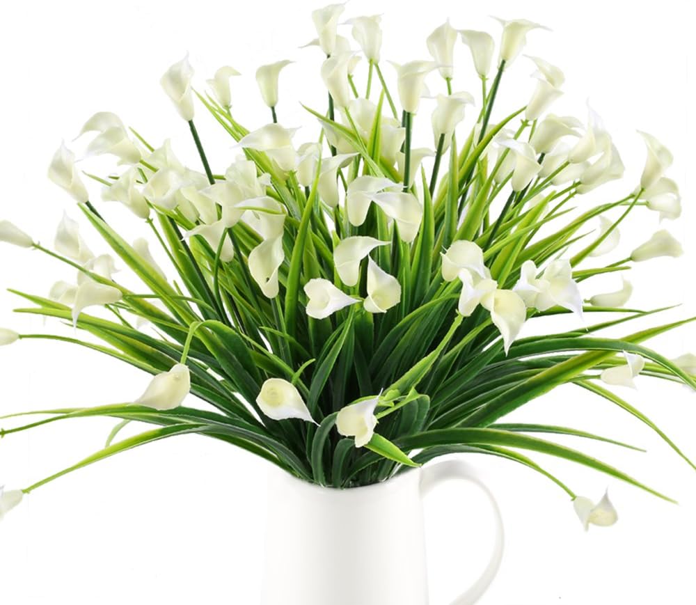 MIHOUNION Artificial Greenery Shrubs Fake Faux Calla Lily Realistic Plastic Plant Decor for Wedding Centerpieces Hanging Basket Pot Home Kitchen Dining Room 4pcs
