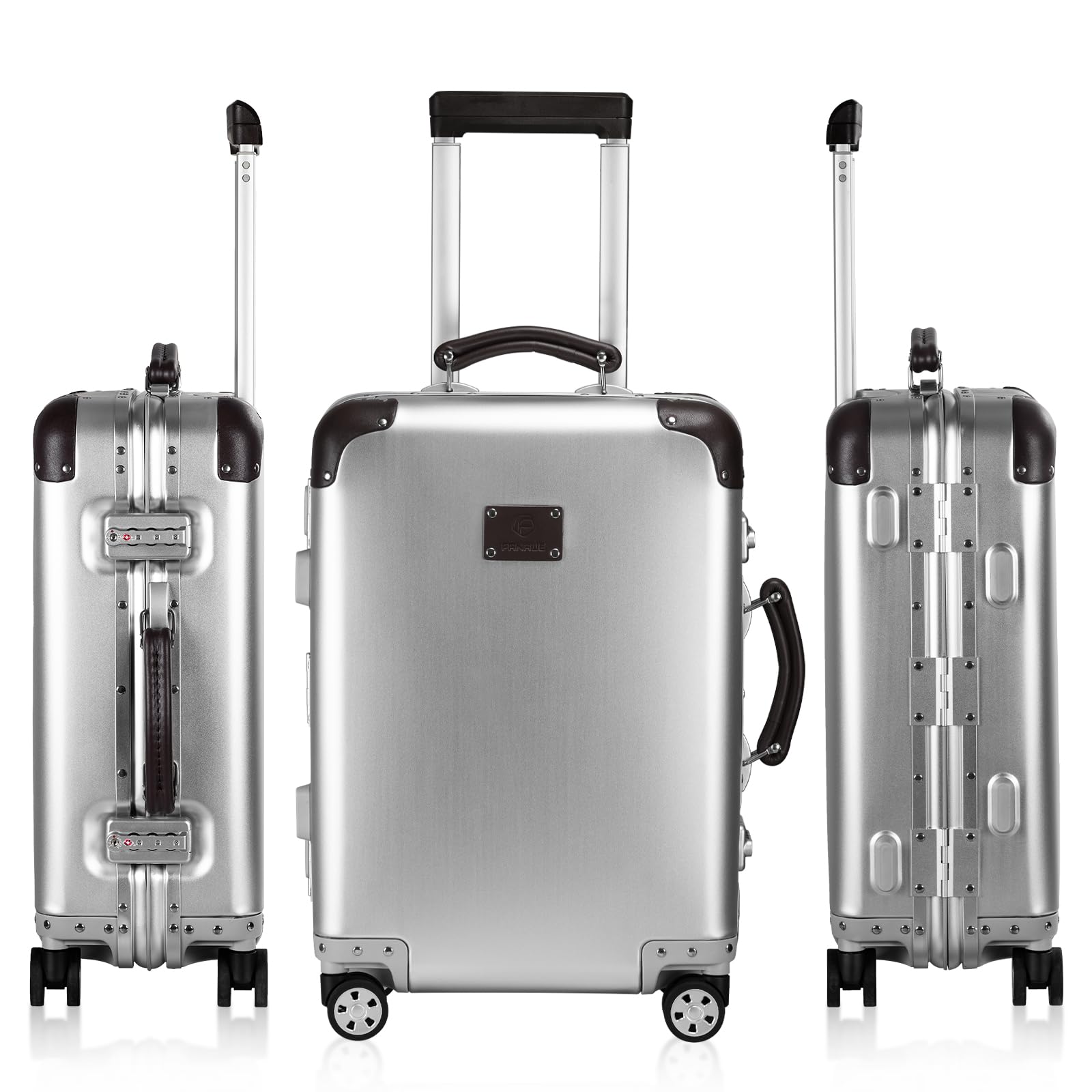 FANAUE 20 Inch All Aluminum Magnesium Carry On Luggage - Zipperless with TSA Lock and Spinner Wheels, Silver