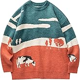 Kissonic Mens Vintage Oversized Sweater Cow Long Sleeve Crew Neck Knitted Grassland Pullover Jumper Unisex Tops