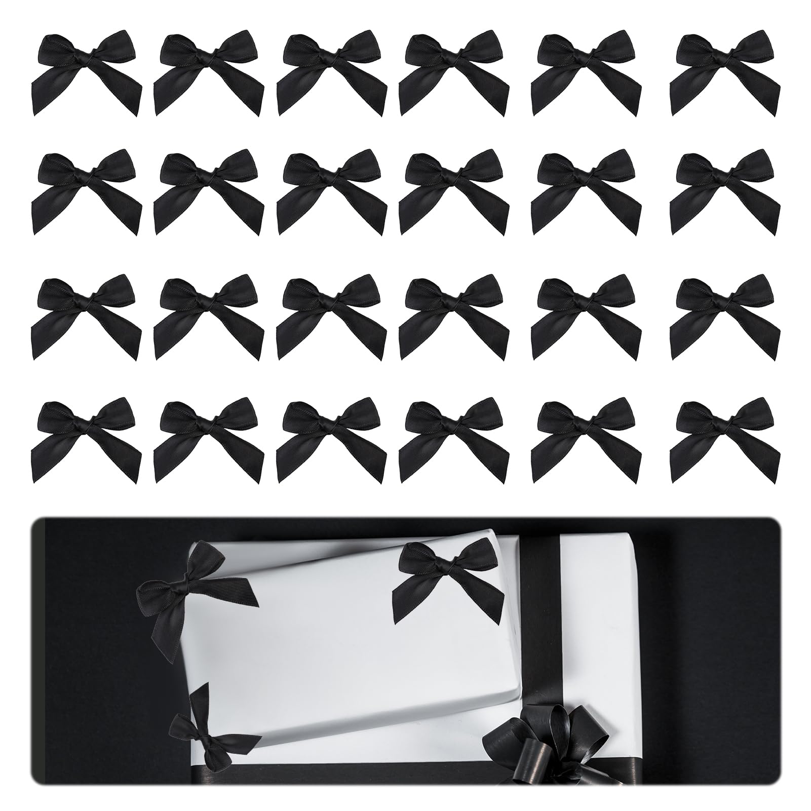 24 Pcs Black Bow, Black Bows for Gift Wrapping Silk Satin Black Ribbon for Gift Wrapping Black Ribbon Thin Craft Bows