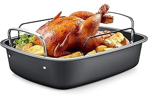 EWFEN Nonstick Turkey Roasting Pan with Rack - 17×13 Inch Extra Large Roaster Pan, Deep Turkey Tray for Oven, U-Shaped Rack, Wider Handles, Ideal for Ovens, Thanksgiving, and Christmas