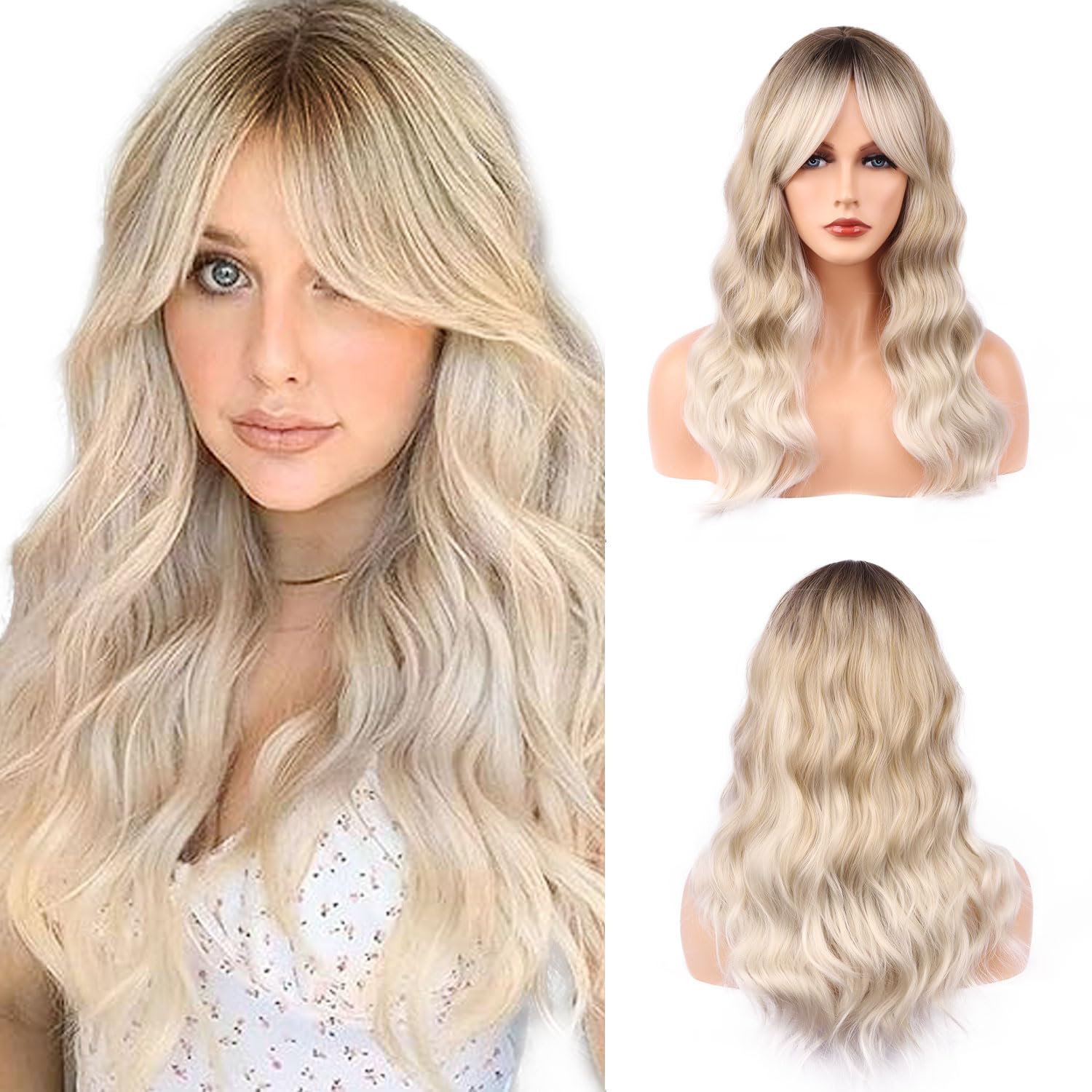 Fulang Hair Long Omber Blond Wigs with Bangs for Women Synthetic Hair Heat Resistant Wig for Daily Party Cosplay Use