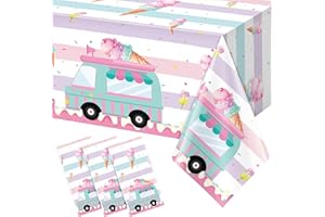 RAGNHILD 3 Pack Ice Cream Truck Tablecloth Party Decorations, Ice Cream Birthday Plastic Table Cloth Party Supplies, Disposable Rectangle Table Cover for Kids Sweet One Birthday Baby Shower, 54 x 108 Inch