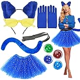 Pete Blue Cat Costume Accessories for Woman with Cat Ears Headband Pin Skirt Furry Tail Gloves for Halloween Book Character Day